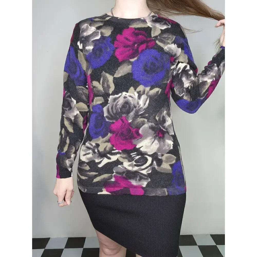 80s Vintage Lambswool Colorful Pink Blue Floral Fuzzy Long Sleeve Sweater Sz M - Picture 4 of 8